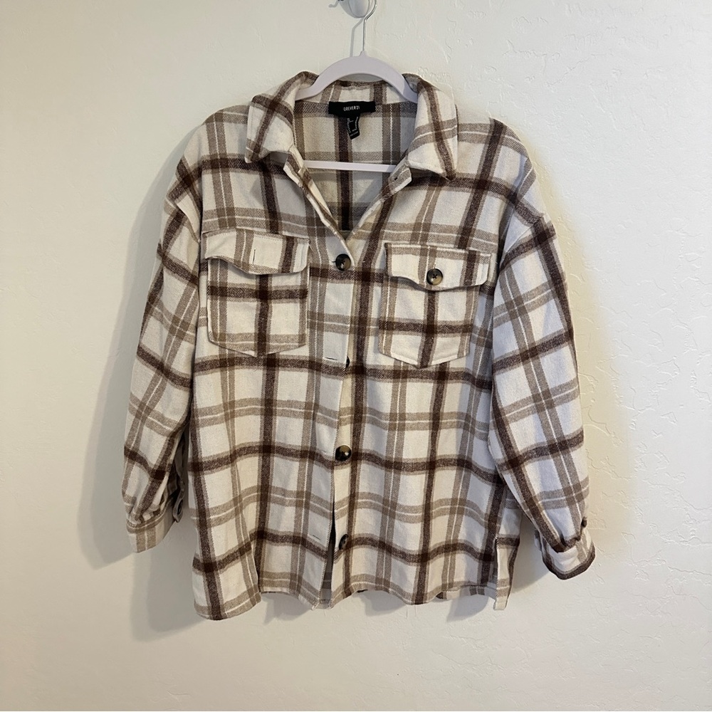 Forever 21 Neutral Brown and‎ Tan Plaid Button Down Shacket Medium